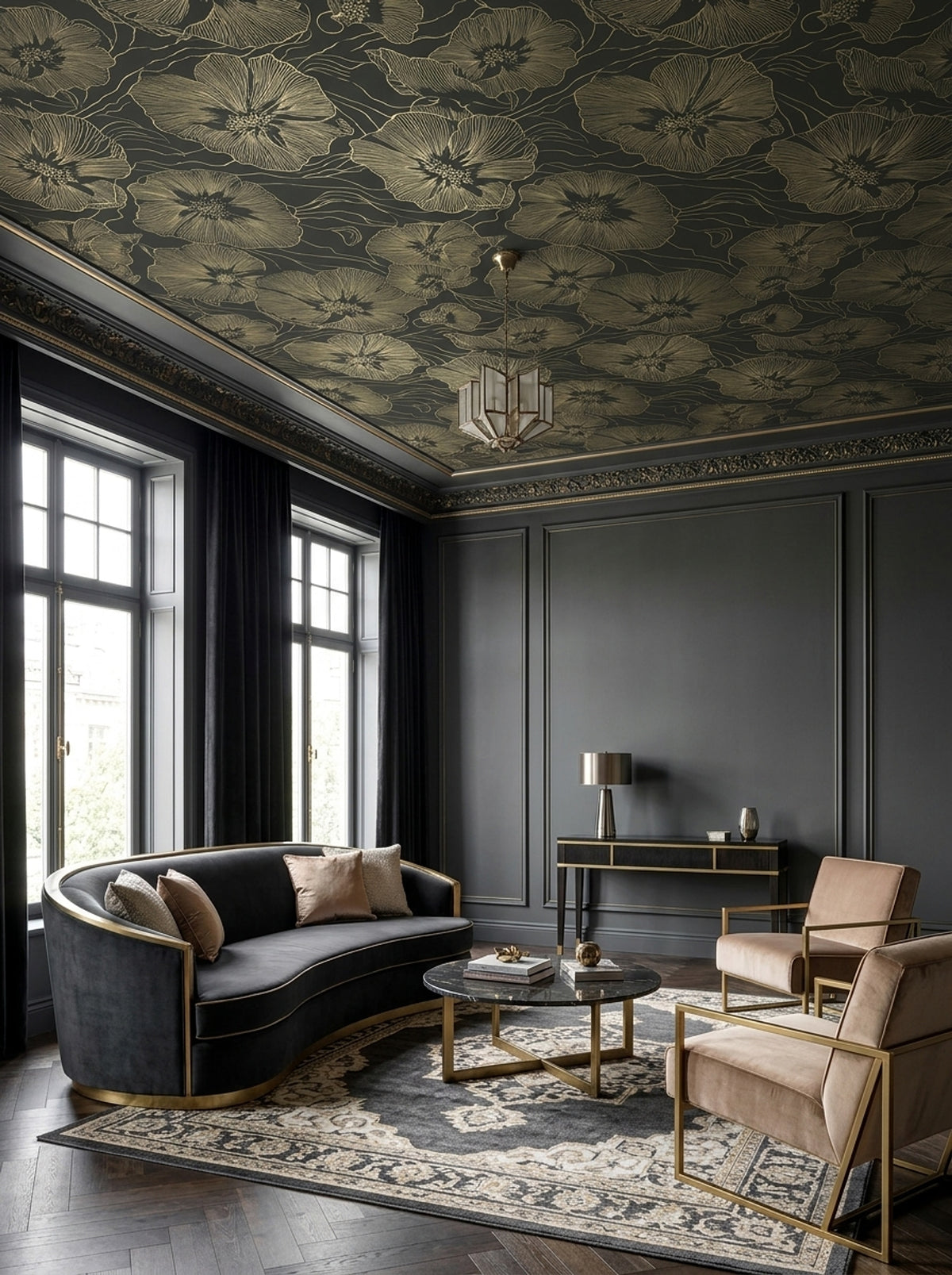 Large Floral Line Art Wallpaper Dark Green Gold
