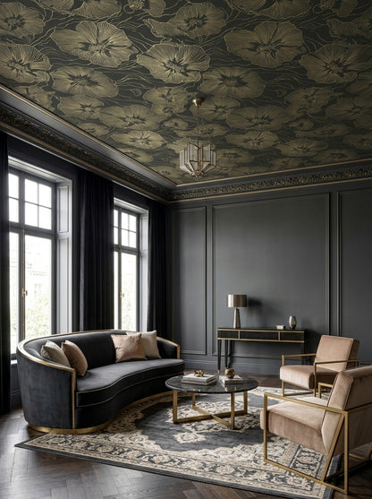 Large Floral Line Art Wallpaper Dark Green Gold
