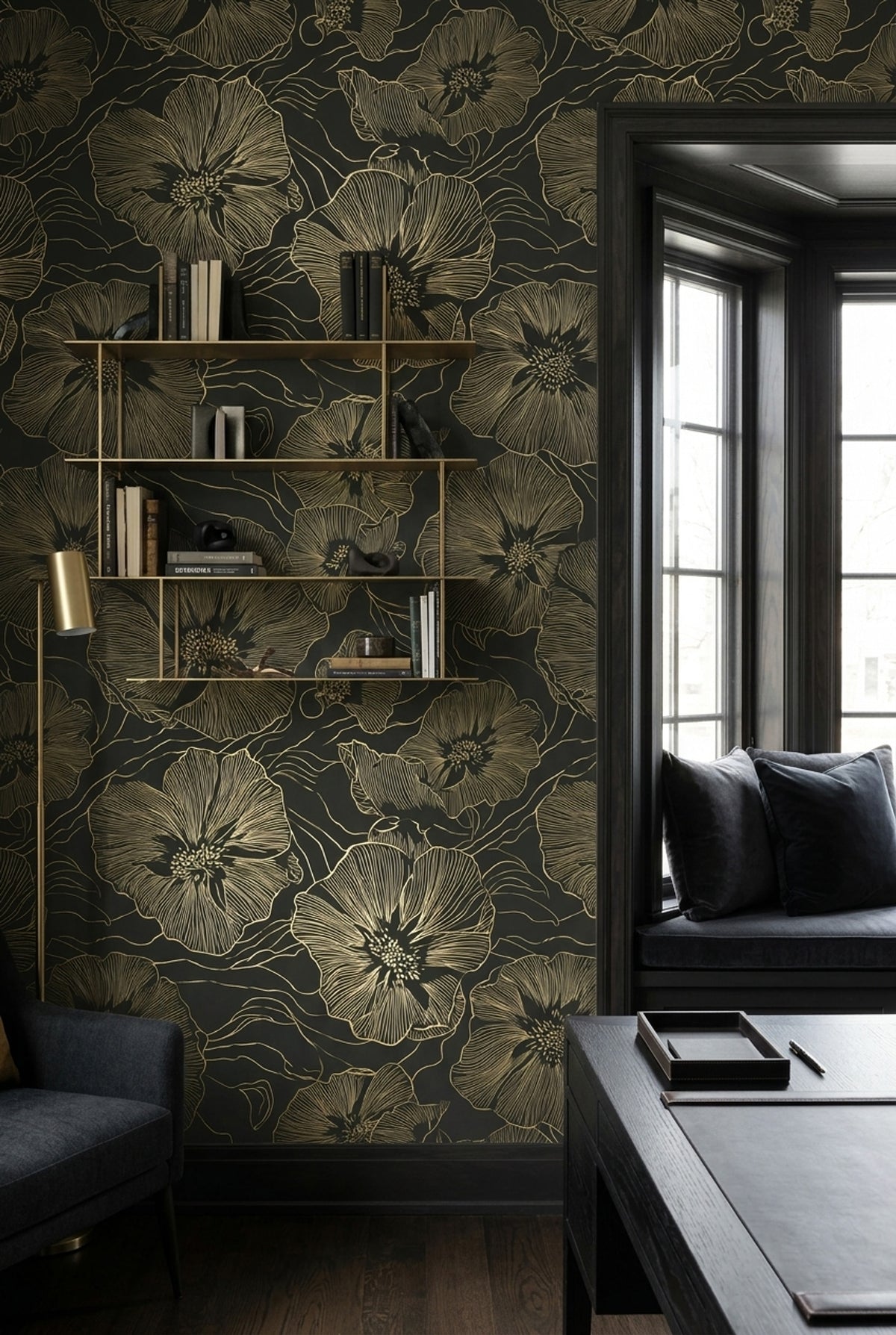 Large Floral Line Art Wallpaper Dark Green Gold