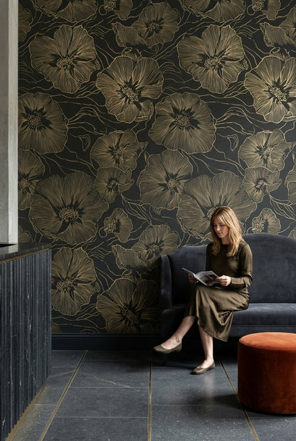 Large Floral Line Art Wallpaper Dark Green Gold