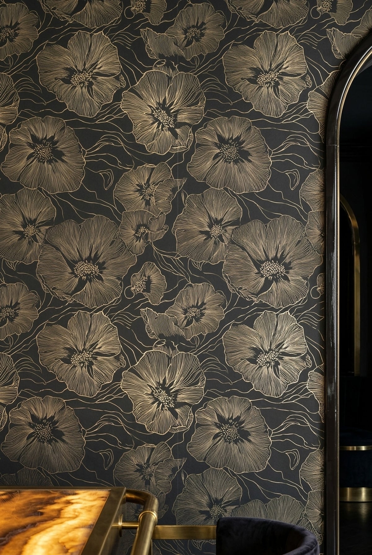 Large Floral Line Art Wallpaper Dark Green Gold