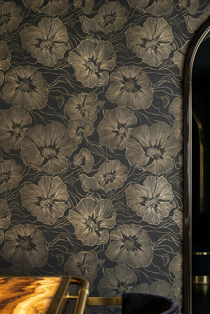 Large Floral Line Art Wallpaper Dark Green Gold