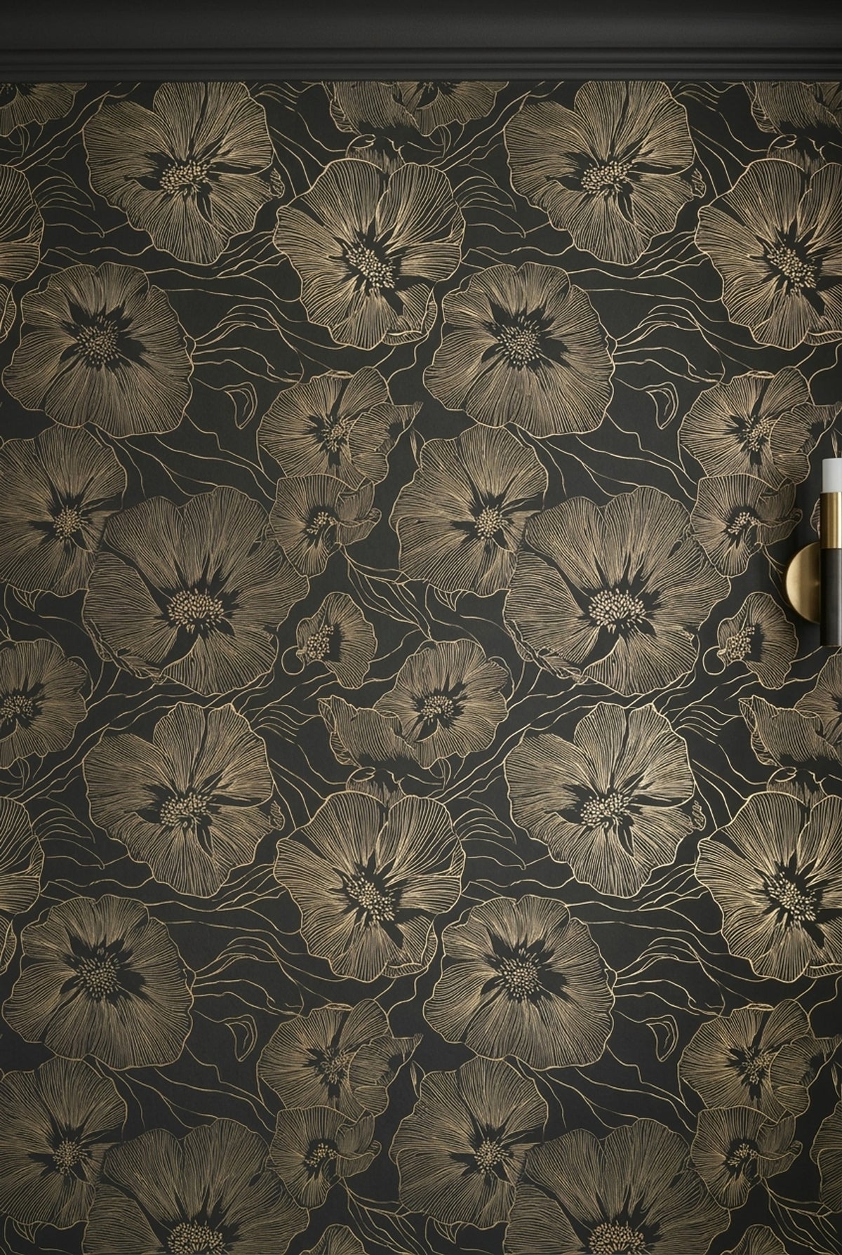 Large Floral Line Art Wallpaper Dark Green Gold