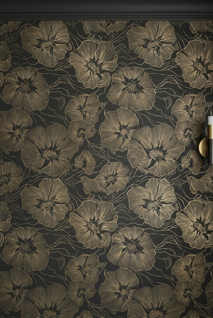 Large Floral Line Art Wallpaper Dark Green Gold