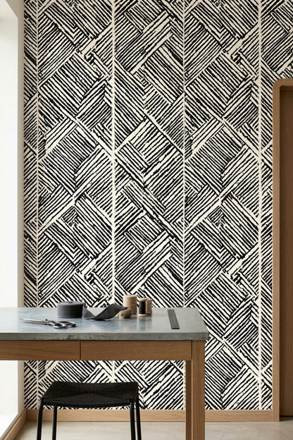 Hand Drawn Chevron Block Wallpaper Black And Ivory