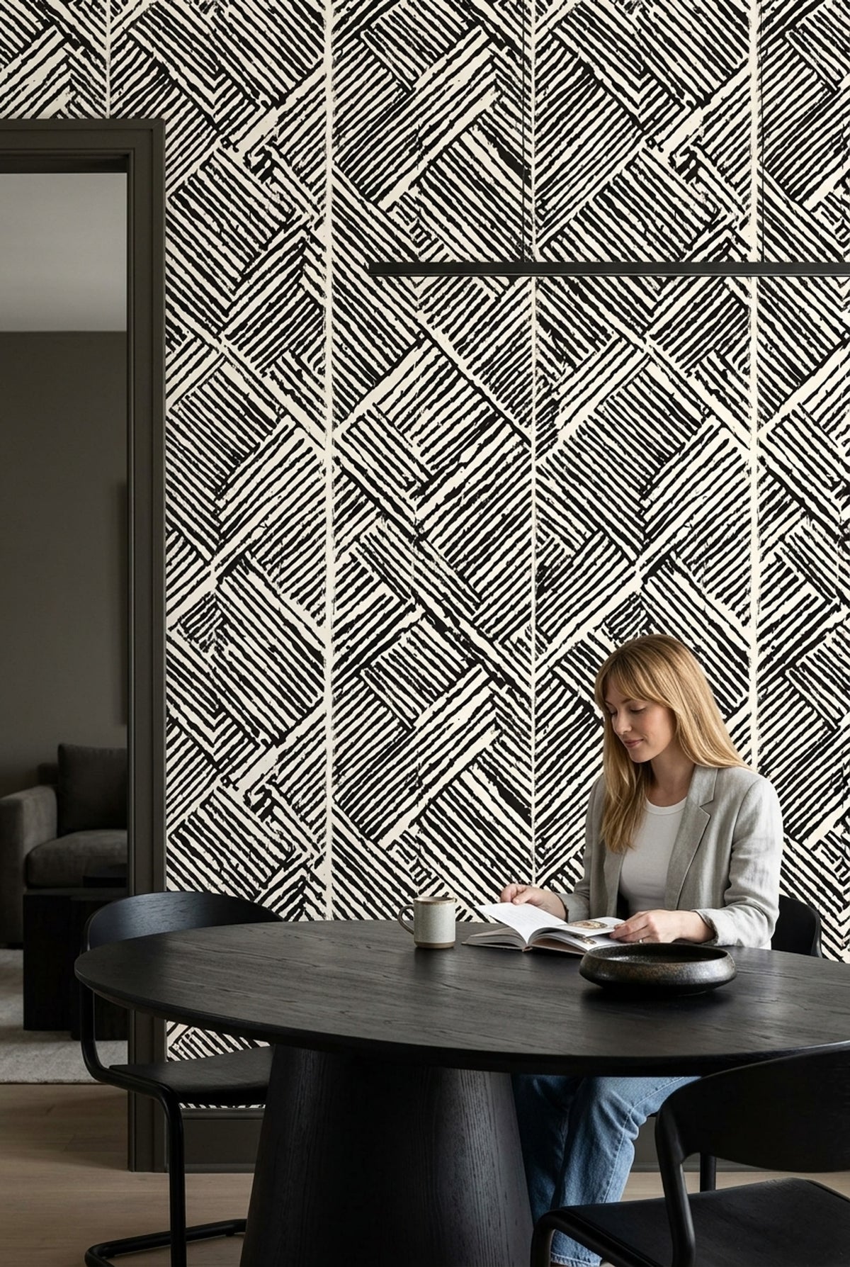 Hand Drawn Chevron Block Wallpaper Black And Ivory