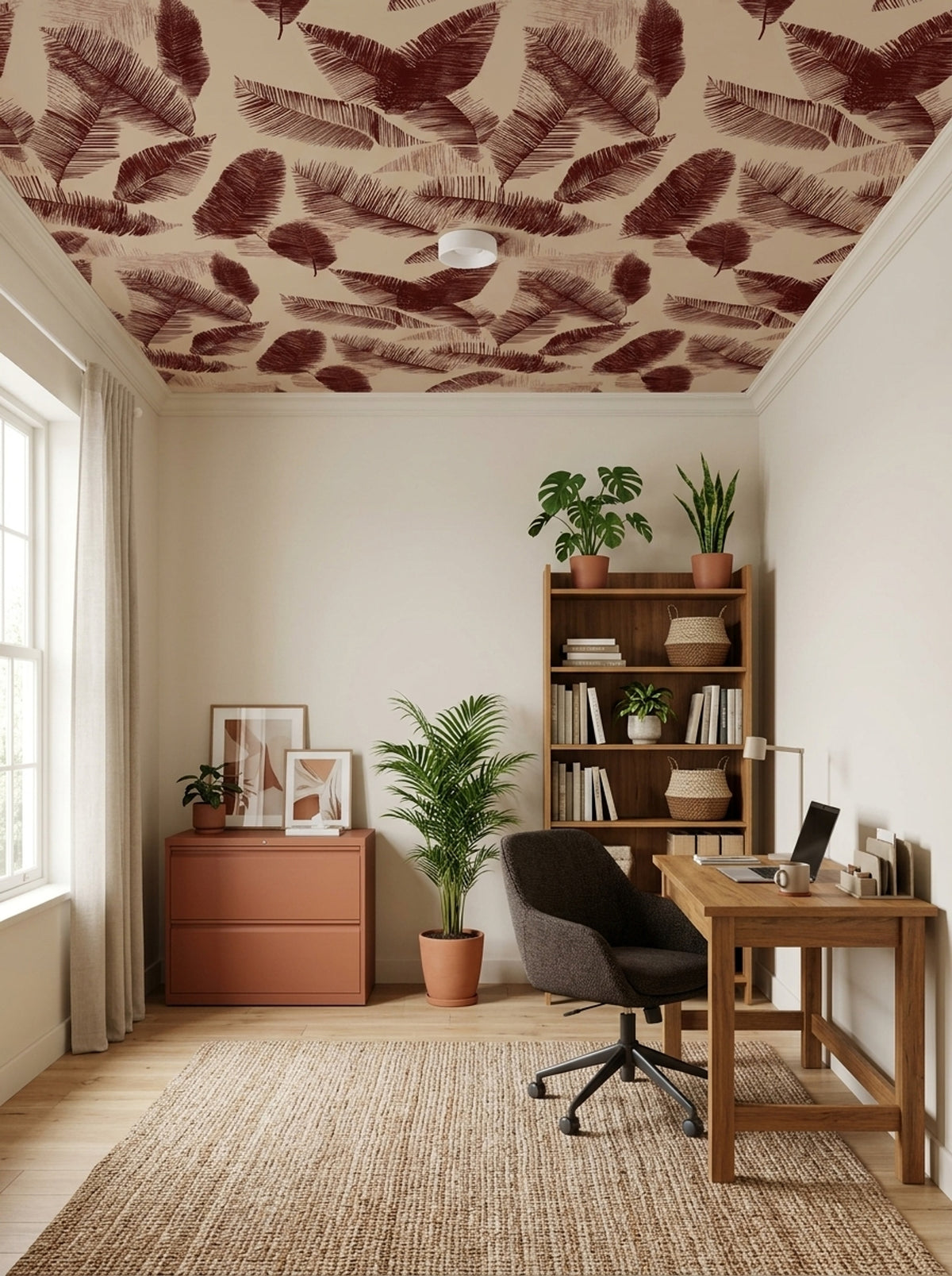 Palm Fronds Banana Leaves Wallpaper Burgundy On Beige