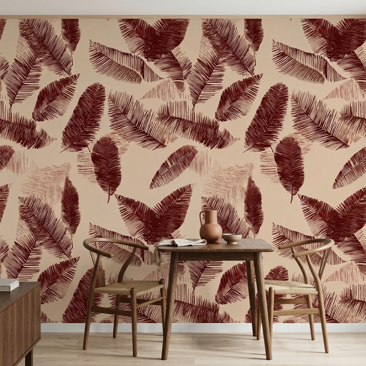 Palm Fronds Banana Leaves Wallpaper Burgundy On Beige