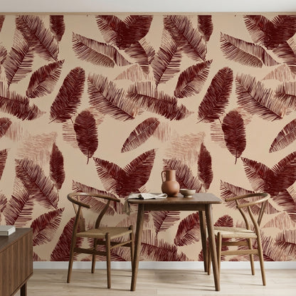 Palm Fronds Banana Leaves Wallpaper Burgundy On Beige