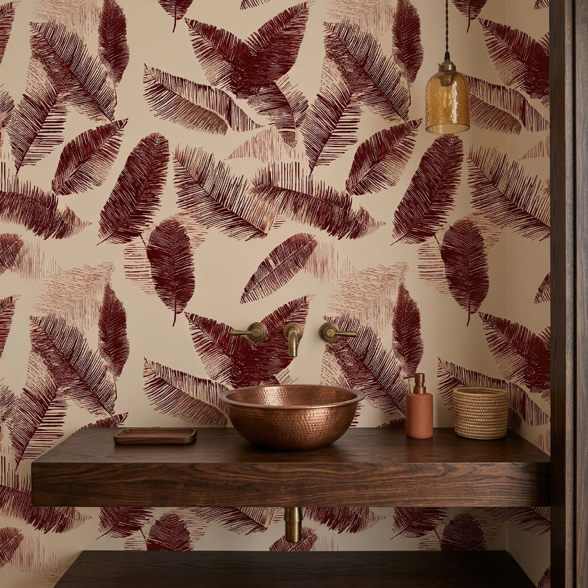 Palm Fronds Banana Leaves Wallpaper Burgundy On Beige