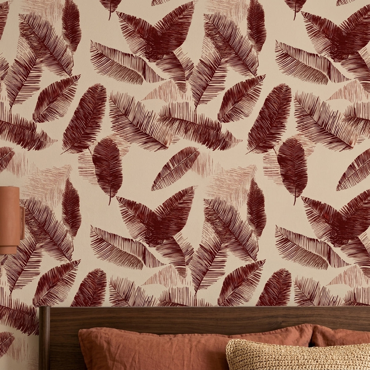 Palm Fronds Banana Leaves Wallpaper Burgundy On Beige