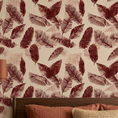 Palm Fronds Banana Leaves Wallpaper Burgundy On Beige