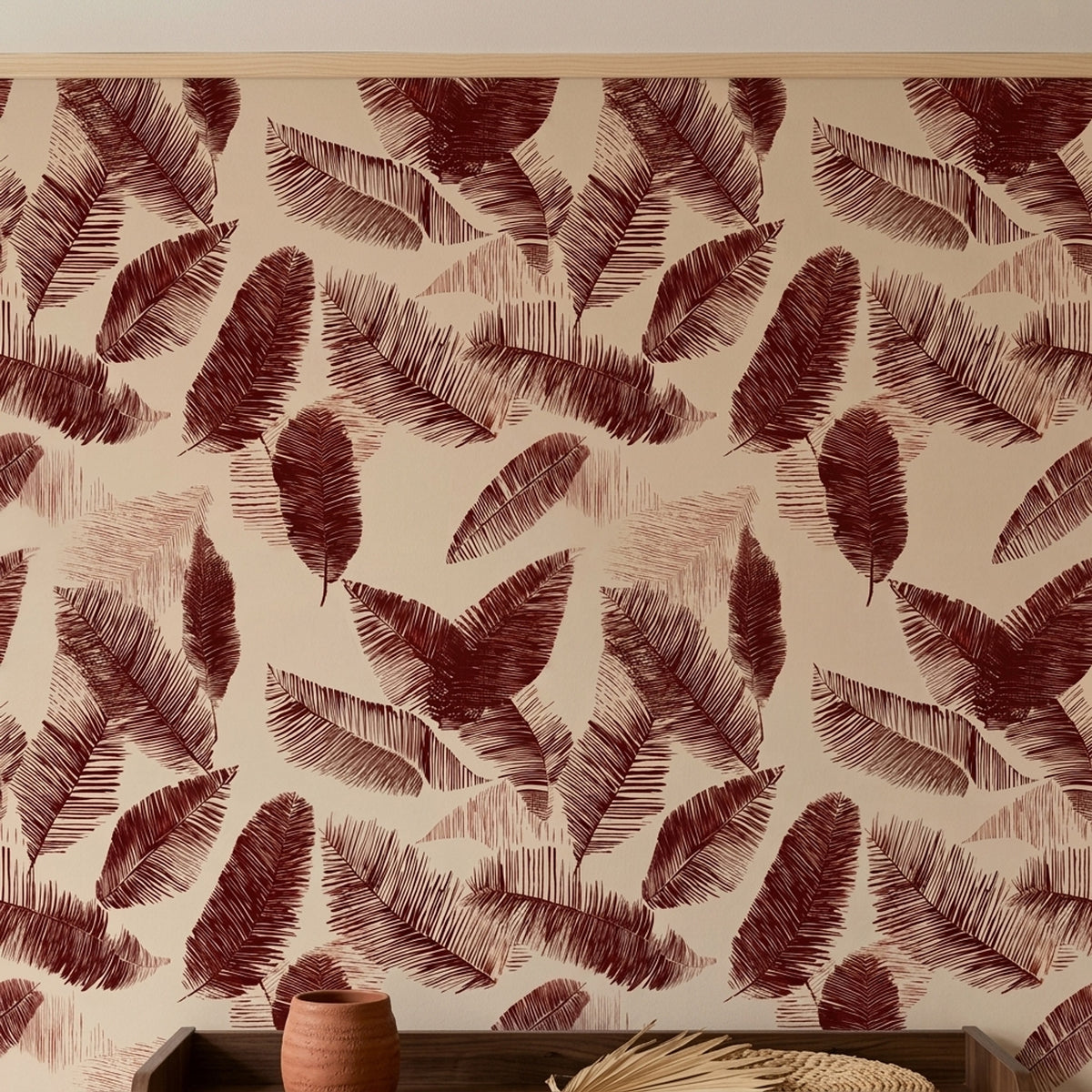 Palm Fronds Banana Leaves Wallpaper Burgundy On Beige