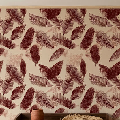 Palm Fronds Banana Leaves Wallpaper Burgundy On Beige