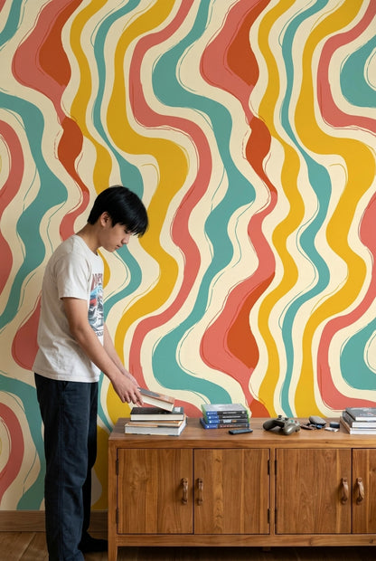 Wavy Vertical Stripes Wallpaper Retro Color Block Palette