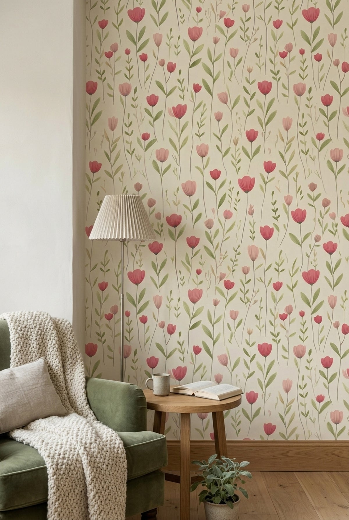 Pink Wildflowers Wallpaper Watercolor Botanical Cream Background