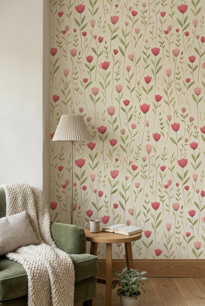 Pink Wildflowers Wallpaper Watercolor Botanical Cream Background