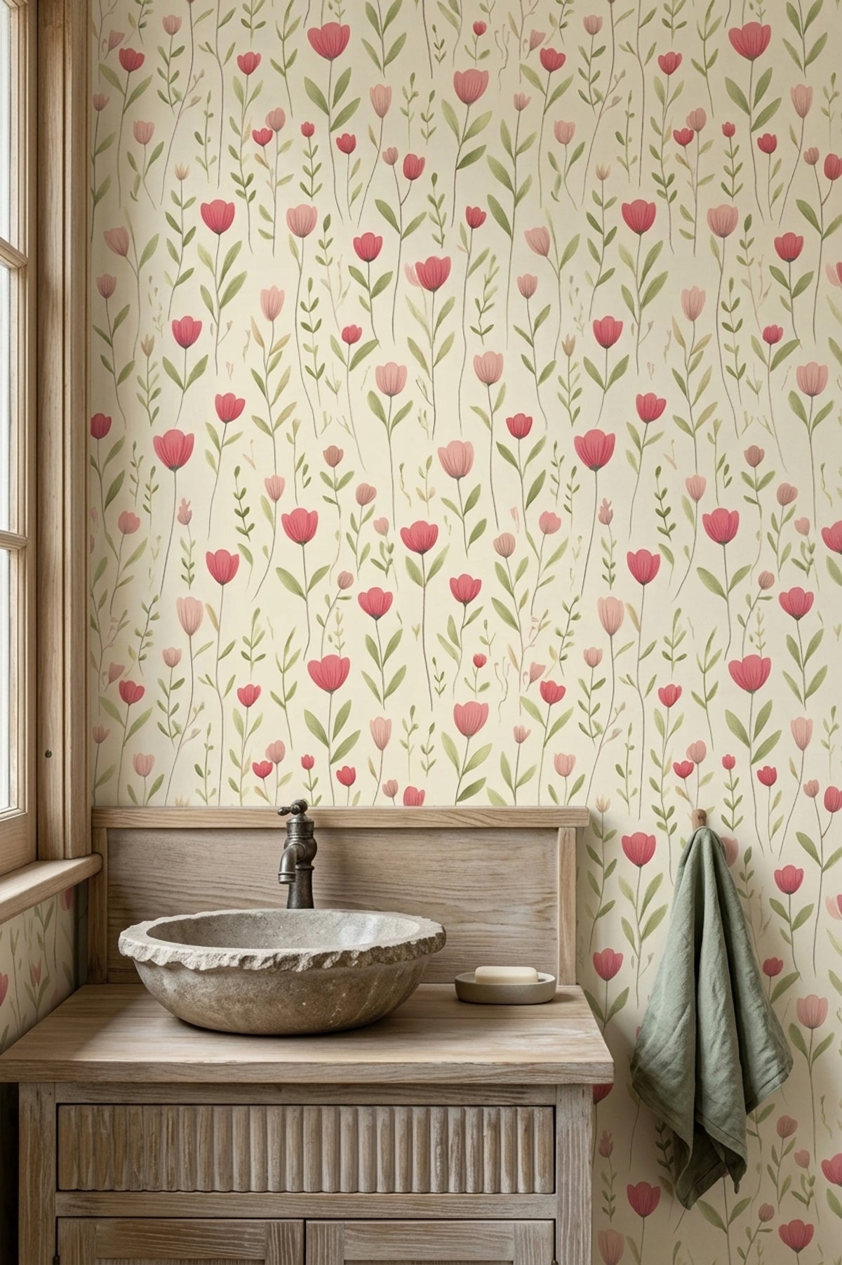 Pink Wildflowers Wallpaper Watercolor Botanical Cream Background