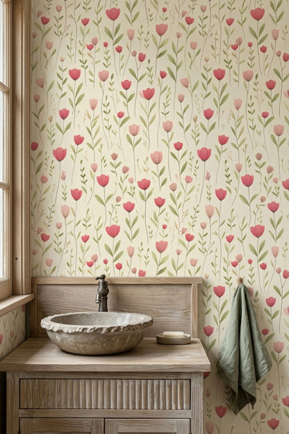 Pink Wildflowers Wallpaper Watercolor Botanical Cream Background