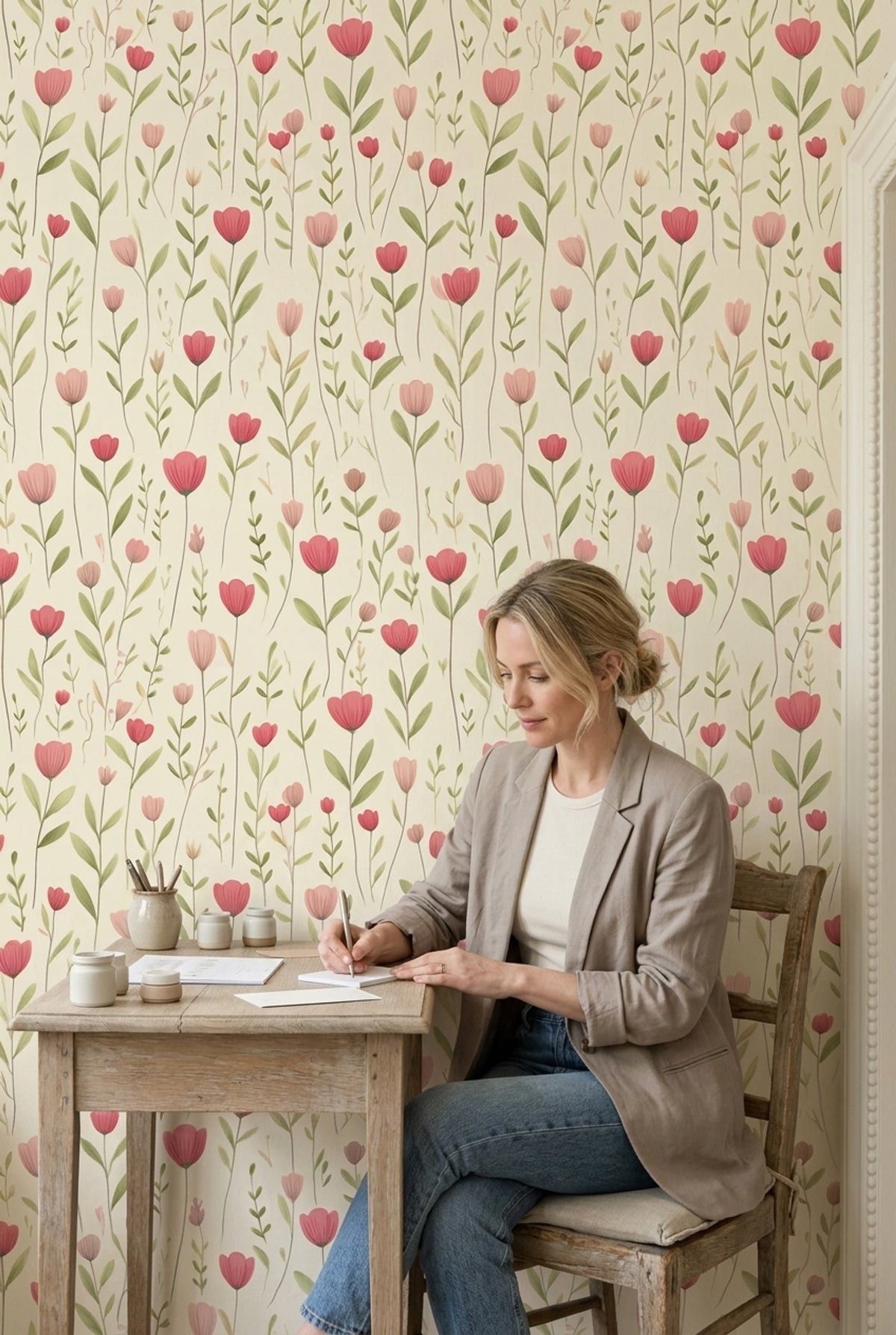 Pink Wildflowers Wallpaper Watercolor Botanical Cream Background