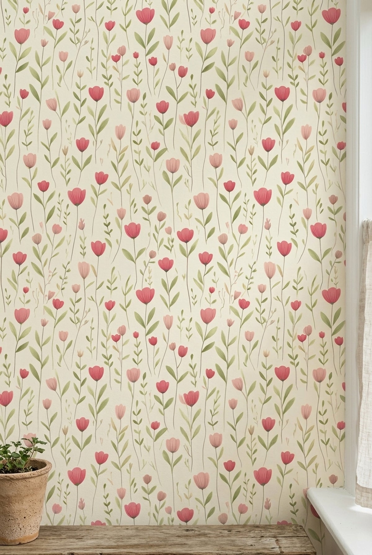 Pink Wildflowers Wallpaper Watercolor Botanical Cream Background