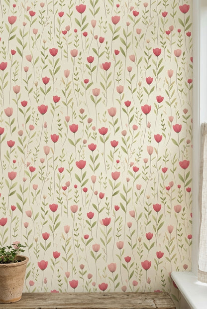Pink Wildflowers Wallpaper Watercolor Botanical Cream Background