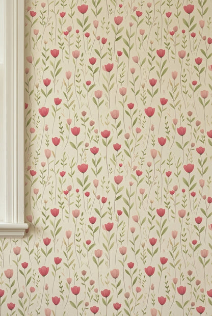 Pink Wildflowers Wallpaper Watercolor Botanical Cream Background