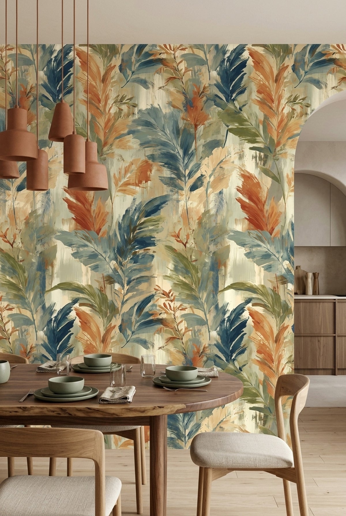 Tropical Leaves Wallpaper Painterly Sage Green With Terracotta Accents