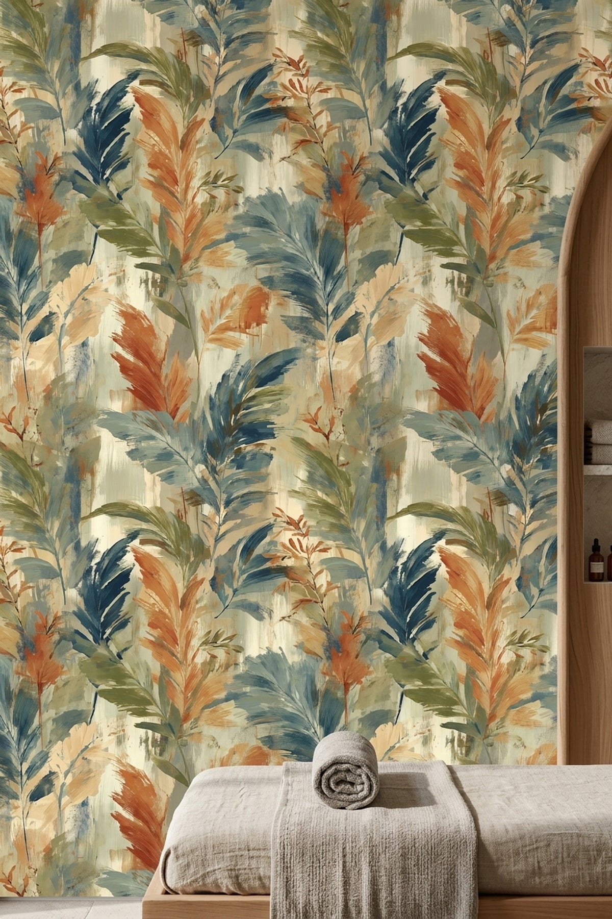 Tropical Leaves Wallpaper Painterly Sage Green With Terracotta Accents