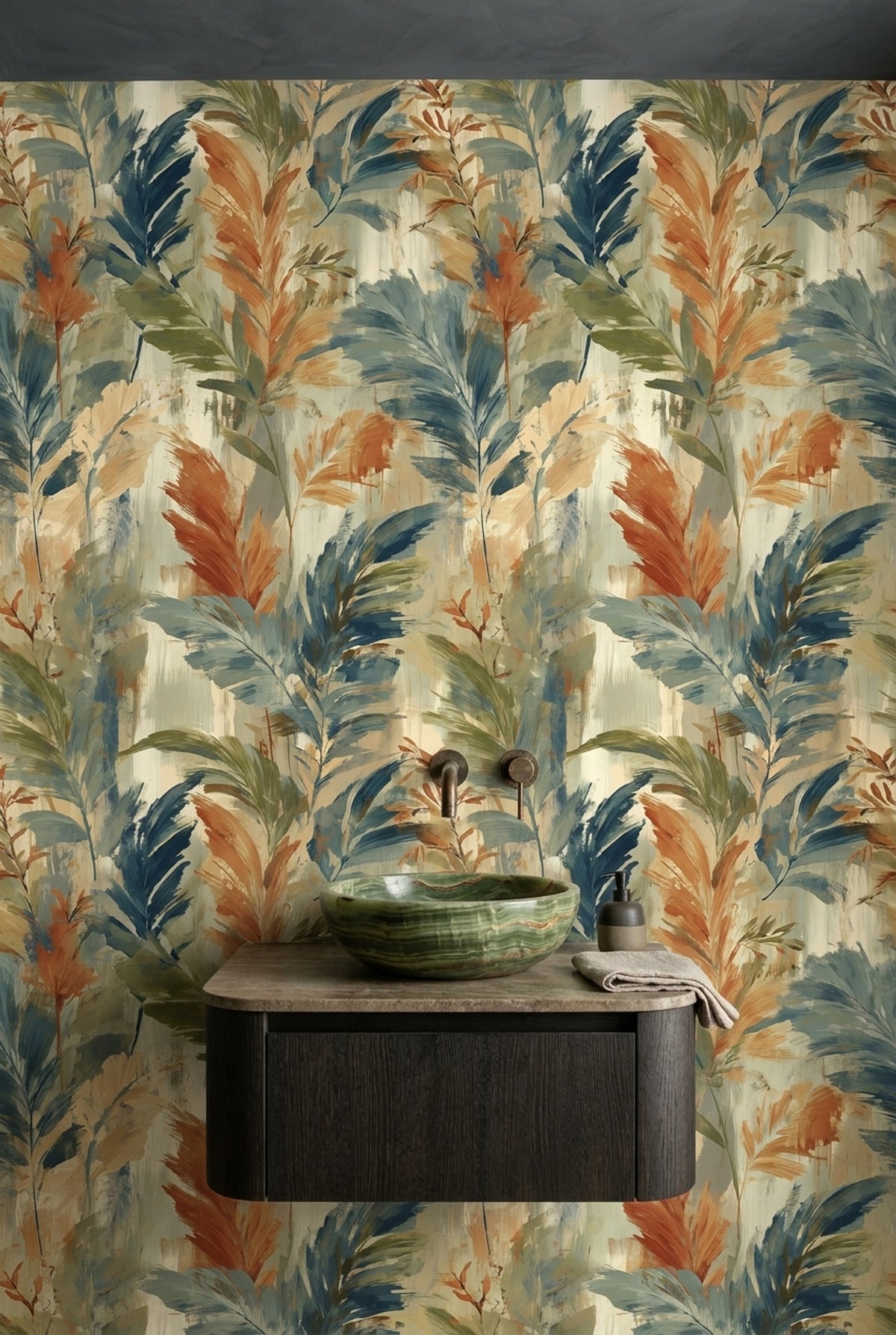 Tropical Leaves Wallpaper Painterly Sage Green With Terracotta Accents