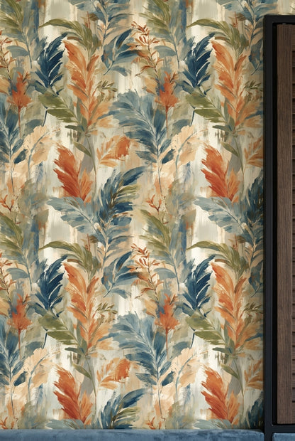 Tropical Leaves Wallpaper Painterly Sage Green With Terracotta Accents