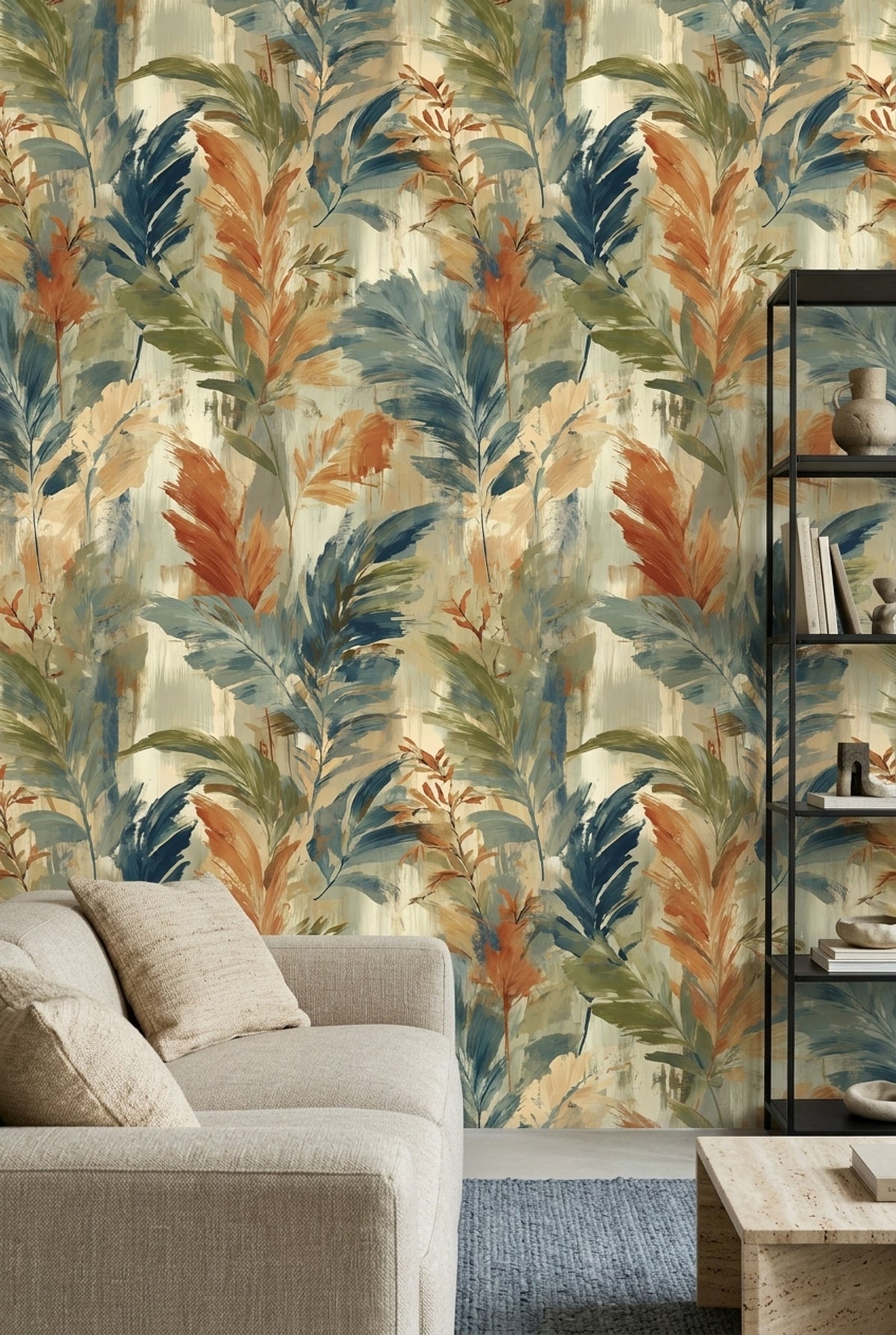 Tropical Leaves Wallpaper Painterly Sage Green With Terracotta Accents