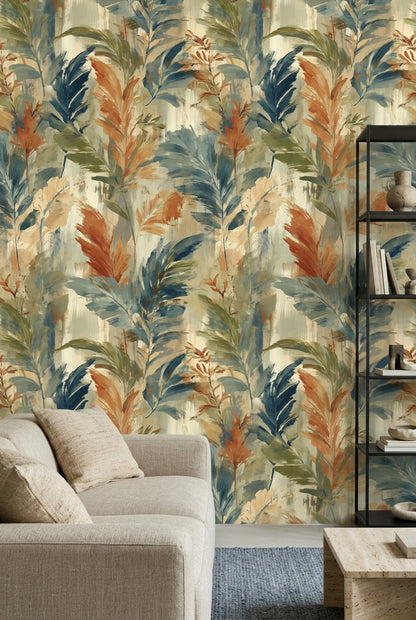 Tropical Leaves Wallpaper Painterly Sage Green With Terracotta Accents