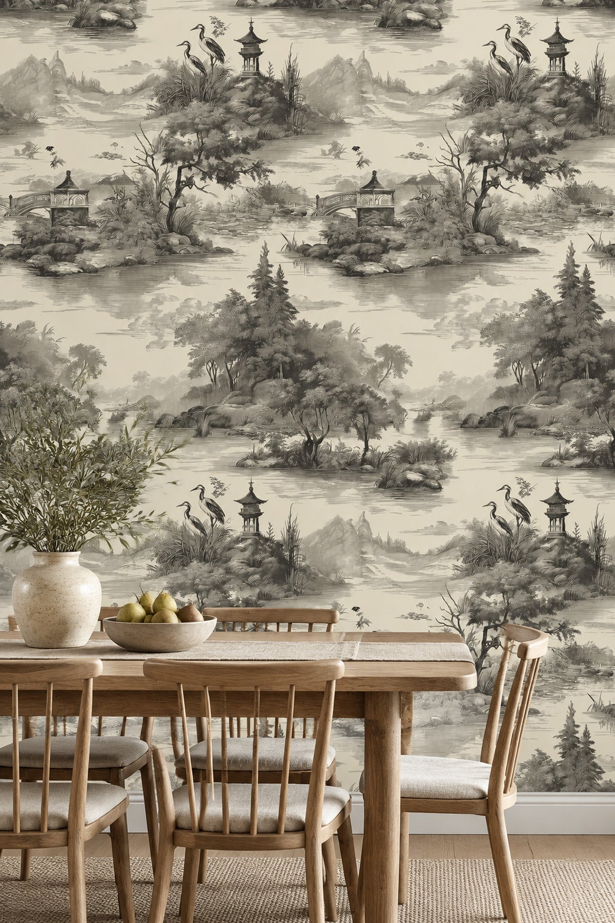 Pagoda Lake Landscape Wallpaper Ivory Vintage Toile