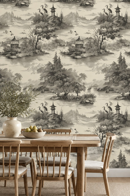 Pagoda Lake Landscape Wallpaper Ivory Vintage Toile