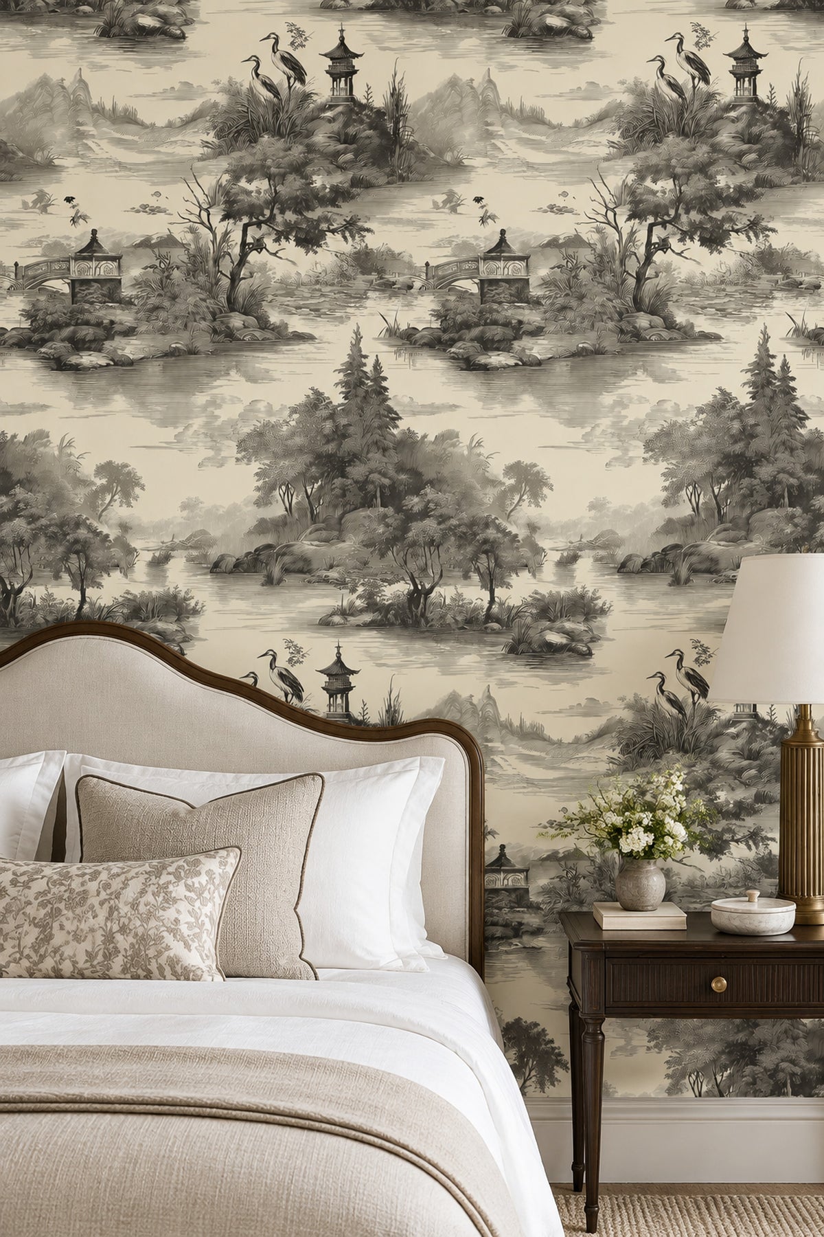 Pagoda Lake Landscape Wallpaper Ivory Vintage Toile