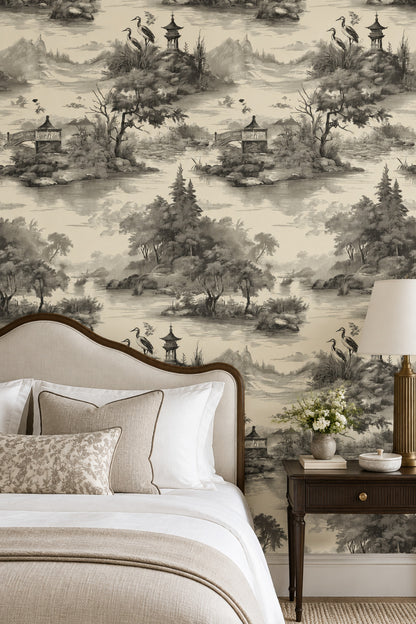Pagoda Lake Landscape Wallpaper Ivory Vintage Toile