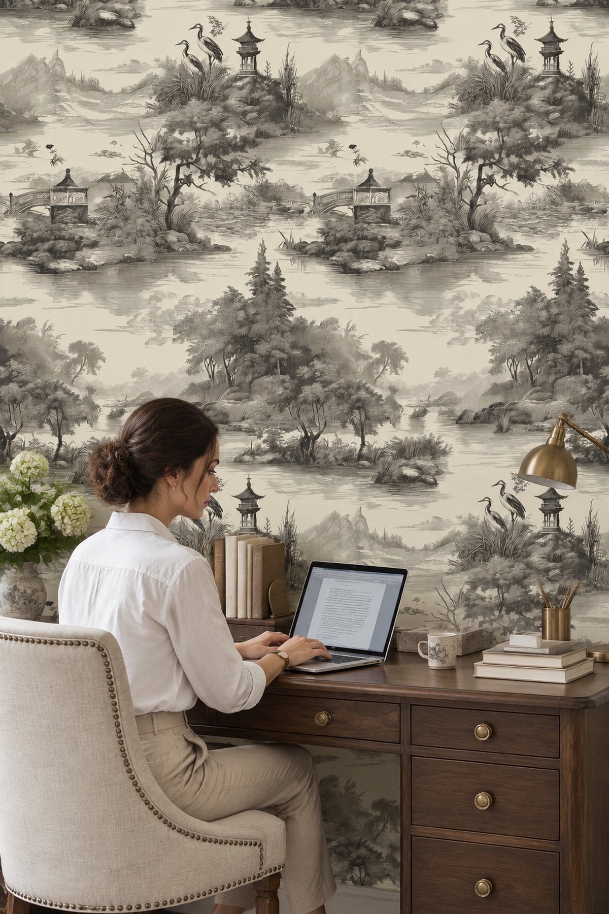 Pagoda Lake Landscape Wallpaper Ivory Vintage Toile