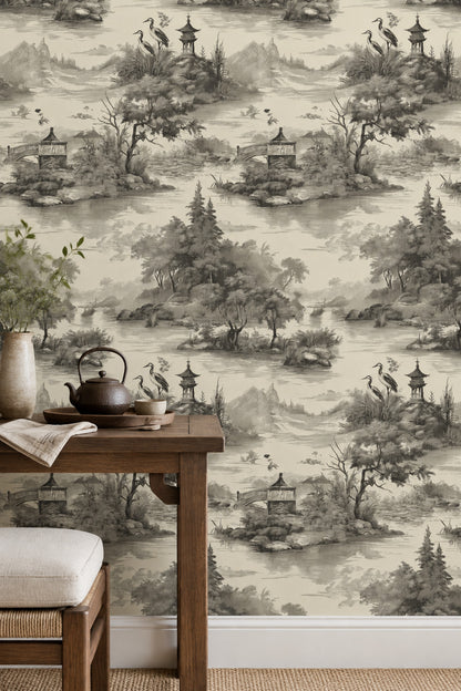 Pagoda Lake Landscape Wallpaper Ivory Vintage Toile