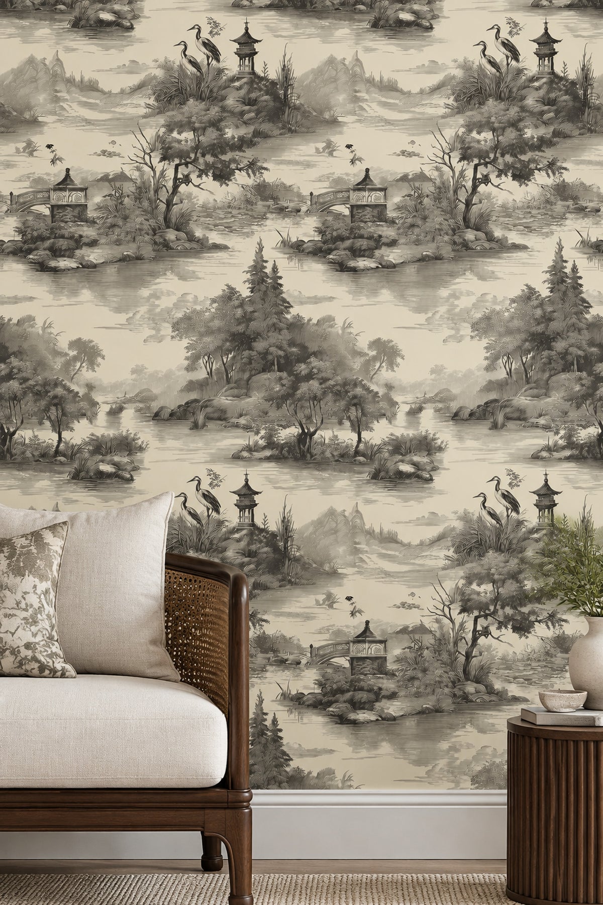 Pagoda Lake Landscape Wallpaper Ivory Vintage Toile