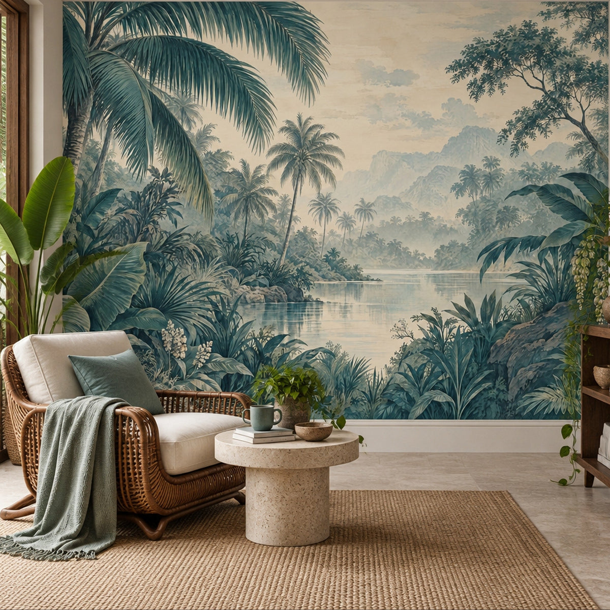 Palm Trees And River Lagoon Wallpaper Vintage Illustration Wall Mural