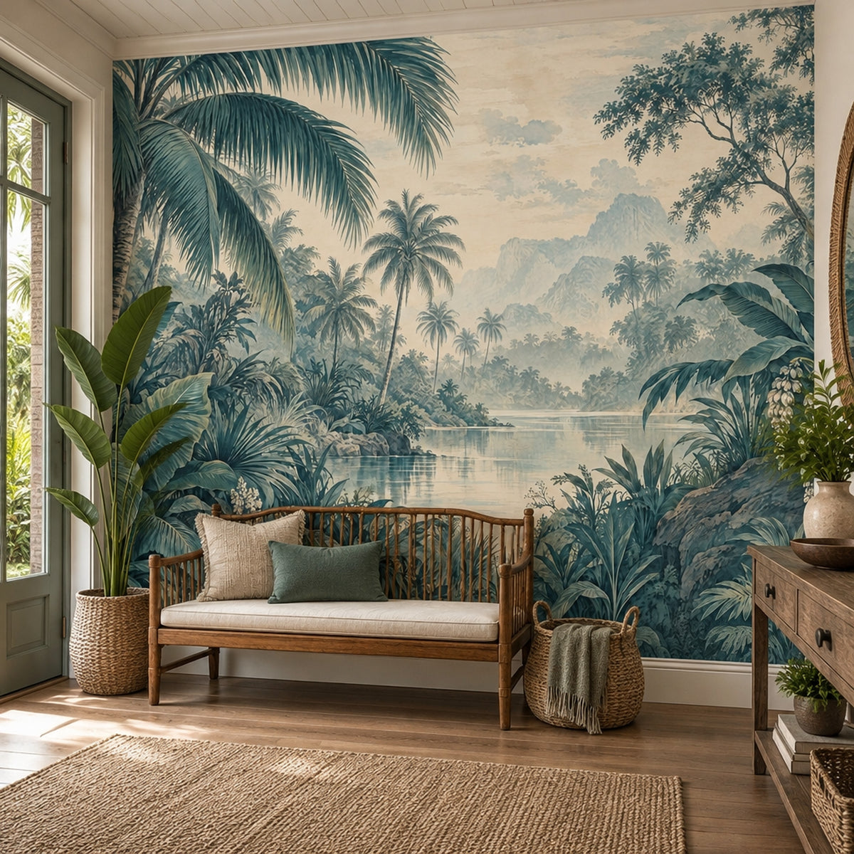 Palm Trees And River Lagoon Wallpaper Vintage Illustration Wall Mural
