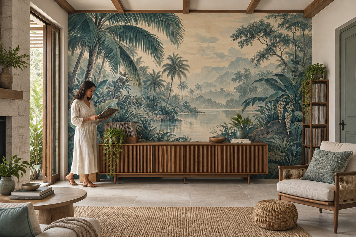 Palm Trees And River Lagoon Wallpaper Vintage Illustration Wall Mural