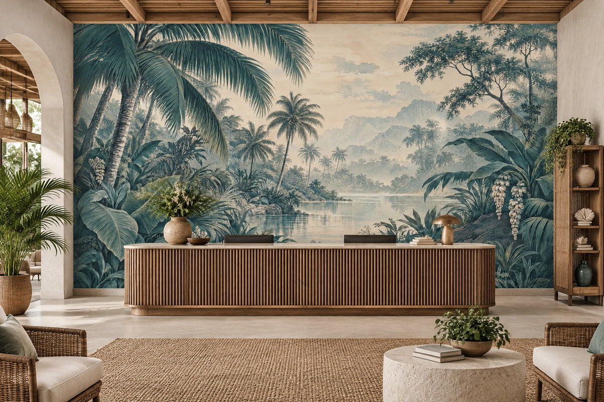 Palm Trees And River Lagoon Wallpaper Vintage Illustration Wall Mural