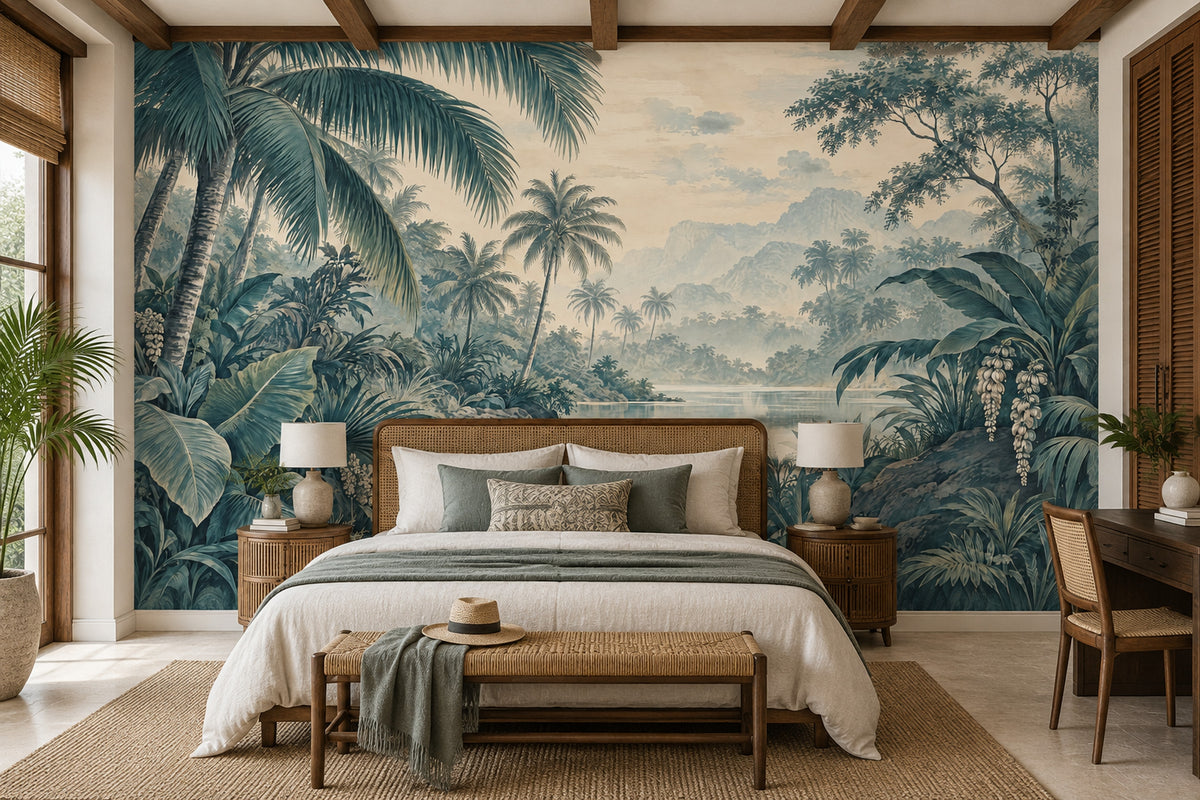 Palm Trees And River Lagoon Wallpaper Vintage Illustration Wall Mural