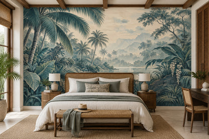 Palm Trees And River Lagoon Wallpaper Vintage Illustration Wall Mural