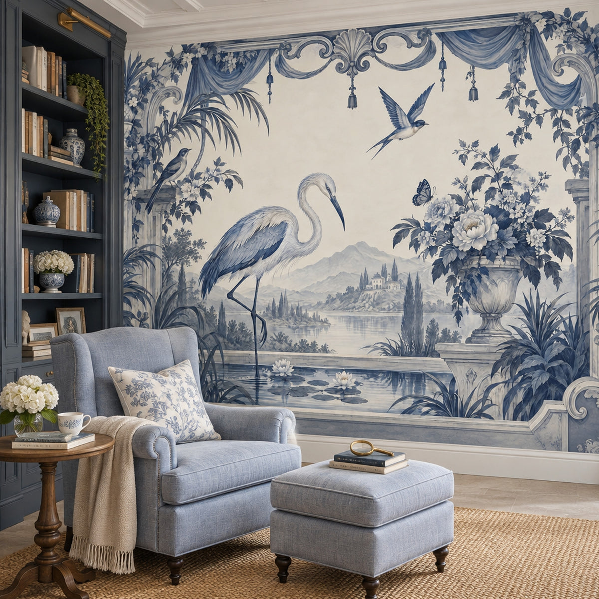 Heron Garden Scene Wallpaper Ornate Columns Wall Mural