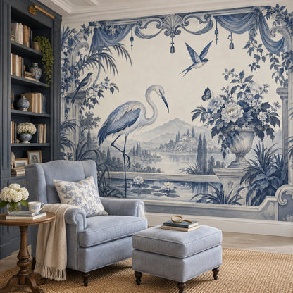Heron Garden Scene Wallpaper Ornate Columns Wall Mural
