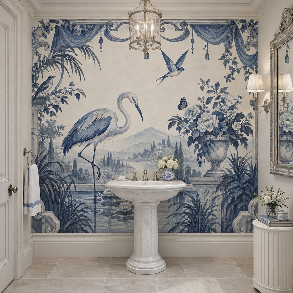Heron Garden Scene Wallpaper Ornate Columns Wall Mural