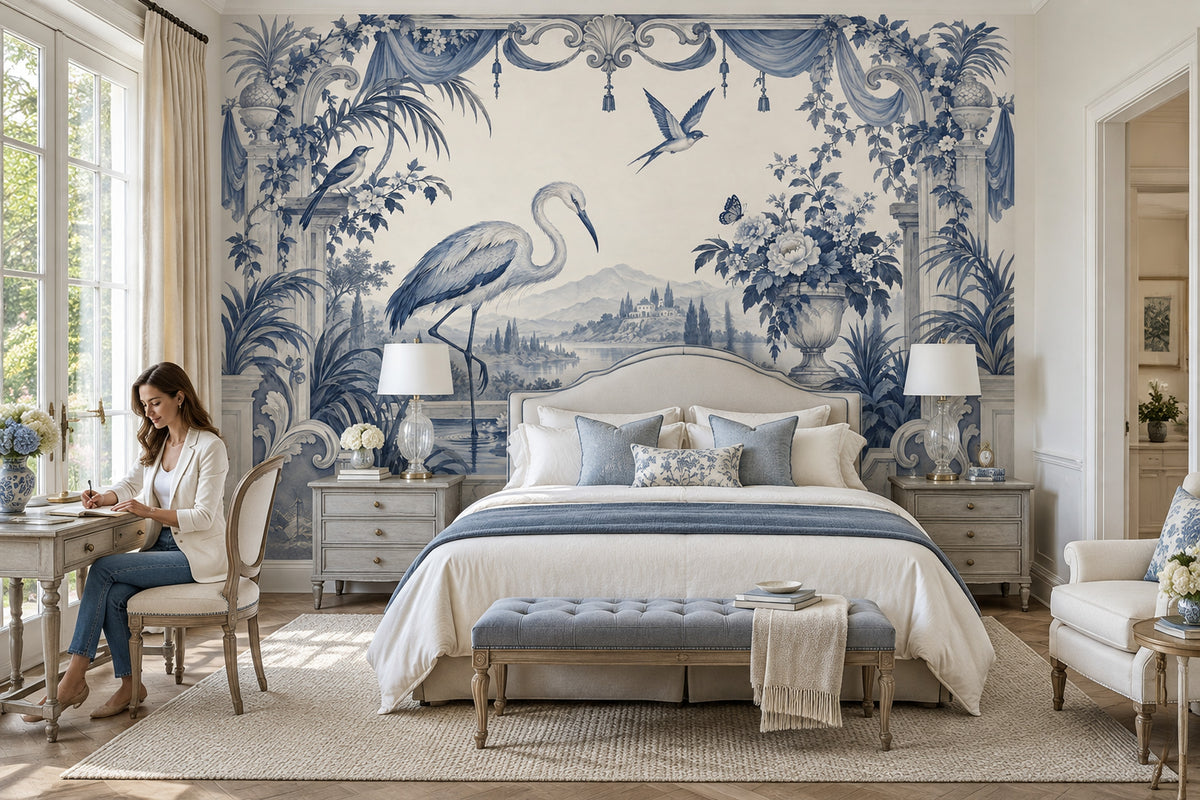 Heron Garden Scene Wallpaper Ornate Columns Wall Mural